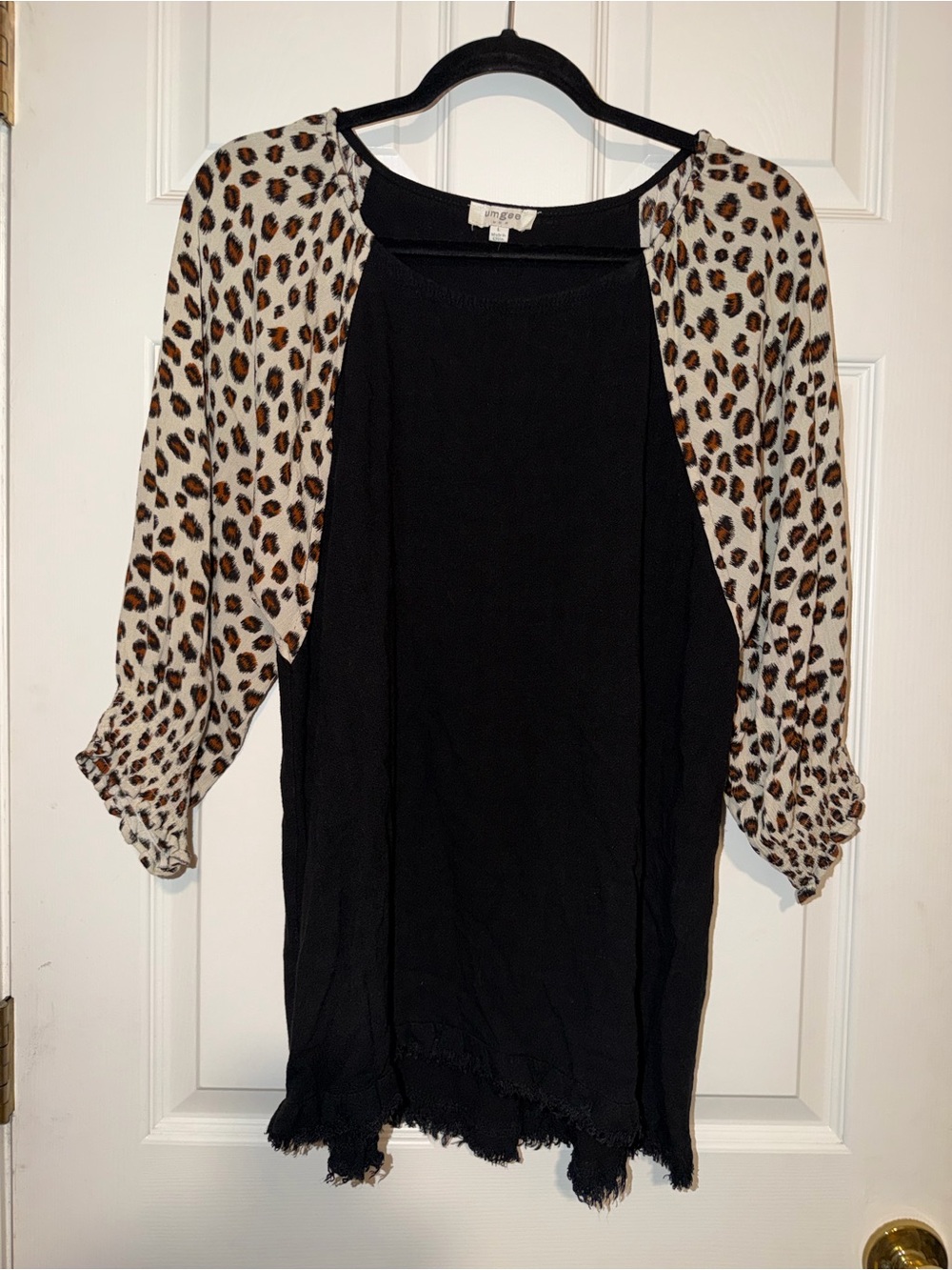 Umgee Linen Blend Black Tunic with Leopard Print Cream and Brown Bell Sleeves